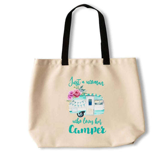 Just a Woman Who Loves her Camper Tote Bag - Shoreline Crafter